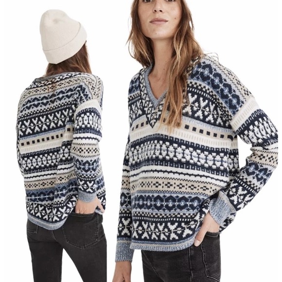 Madewell Sweaters - $98 MADEWELL Forrest Fair Isle Fisherman Cottage Sweater Blue Stripe Y2K Lg EUC